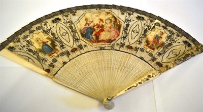 Lot 5031 - An 18th Century Painted Ivory Brisé Fan, the monture pierced quite simply to the gorge but...