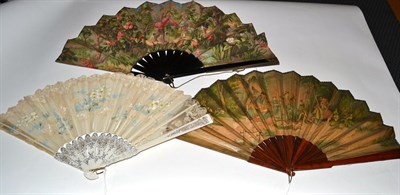 Lot 5038 - Three 19th and 20th Century Fans, to include: A large fan with fabric leaf mounted on plain stained