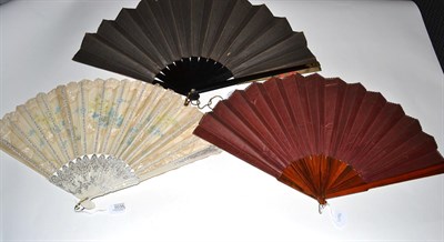 Lot 5038 - Three 19th and 20th Century Fans, to include: A large fan with fabric leaf mounted on plain stained