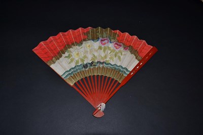Lot 5042 - Japan: A Bone Fan with double paper leaf, the recto painted with a spray of pastel blooms in...