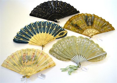 Lot 5053 - Five Fans, two with sequins and two in Palmette or Jenny Lind form. To include a fine circa...