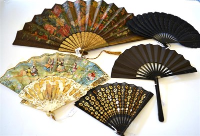 Lot 5058 - A Palmette or Jenny Lind Fan, the panels of black paper, each embroidered with black beads and gold