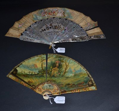Lot 5077 - A Mid-19th Century Mother-of-Pearl Fan with deep and heavy gorge, the double paper leaf a hand...