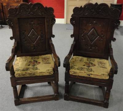 Lot 1290 - A Matched Pair of Joined Oak Yorkshire Armchairs, one later carved with initials RH, each with...