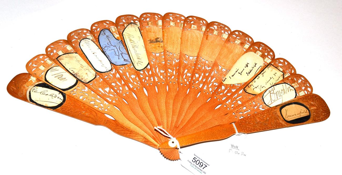 Lot 5097 - A Wood Brisé Autograph Fan, with links to Switzerland, later 19th century, the thirteen inner...