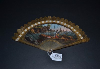 Lot 5120 - An Attractive Early 19th Century Horn Brisé Fan painted to the recto with a scene of an inlet...