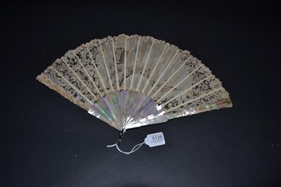 Lot 5128 - An Unusual Pale Pink Mother-of-Pearl Fan, dated 21.8.1911, mounted with a mixed Brussels lace leaf