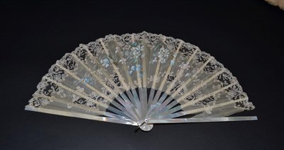 Lot 5158 - A Large Late 19th Century Silk Gauze and Machine Lace Fan, the leaf painted with tiny blue...