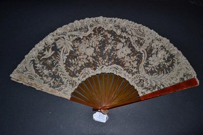 Lot 5167 - A Fine Quality and Large Brussels Point De Gaze Needle Lace Fan of unusual design, with a bird...