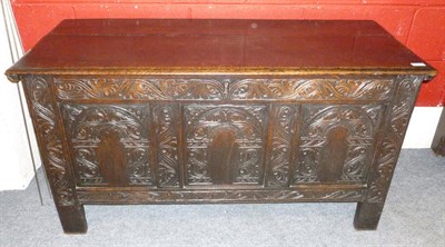 Lot 1303 - An Early 18th Century Joined Oak Dower Chest, the boarded top above a lidded till and lunette...