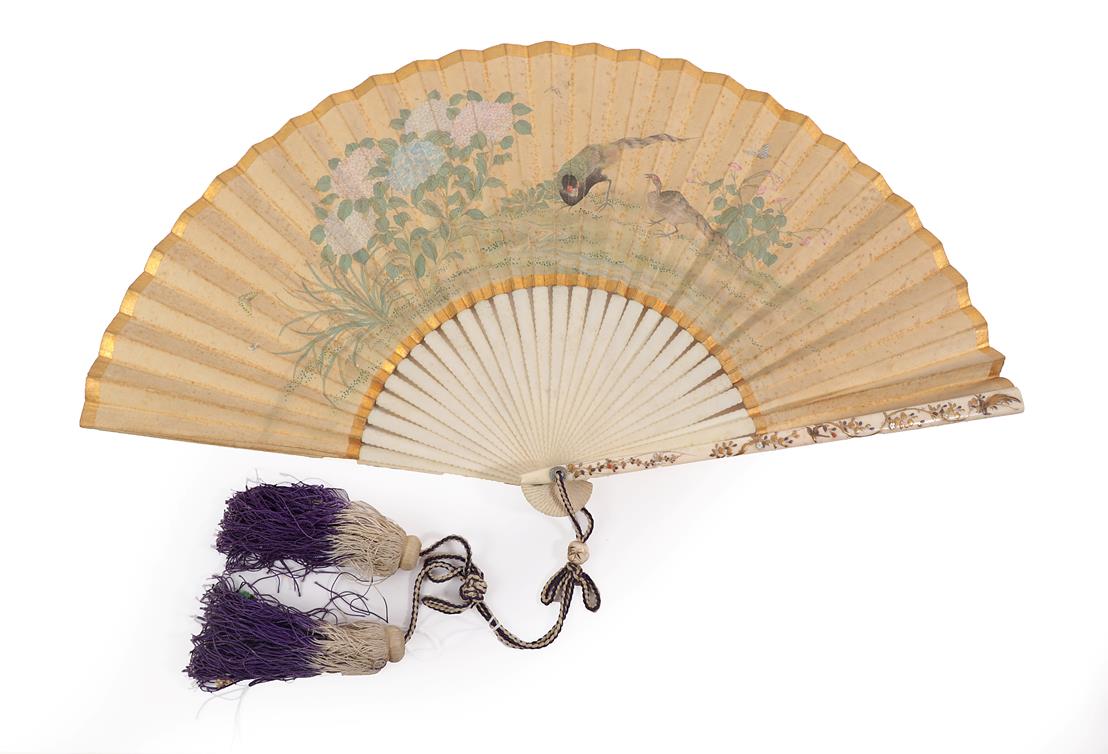 Lot 5212 - A Good Japanese Folding Fan, Ogi, circa 1870's, Meiji period, with ivory monture, the guards...