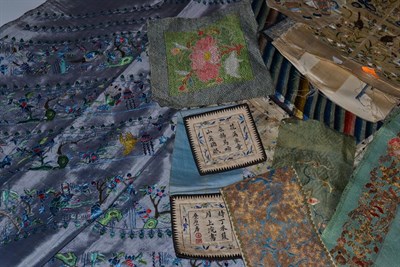 Lot 5216 - Chinese Embroideries from the 19th and 20th Centuries: to include a rectangular pale blue silk...