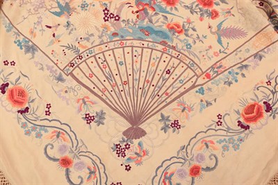 Lot 5220 - A Chinese Canton Silk Piano Shawl, circa 1900, in buttermilk silk, embroidered to each corner...