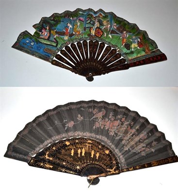 Lot 5226 - A Large Asymmetrical Chinese Lacquer Fan, the monture of wood well painted in black lacquer...