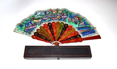 Lot 5234 - A Circa 1840's Chinese Mandarin Fan, Qing Dynasty, the double paper leaf mounted on wood...