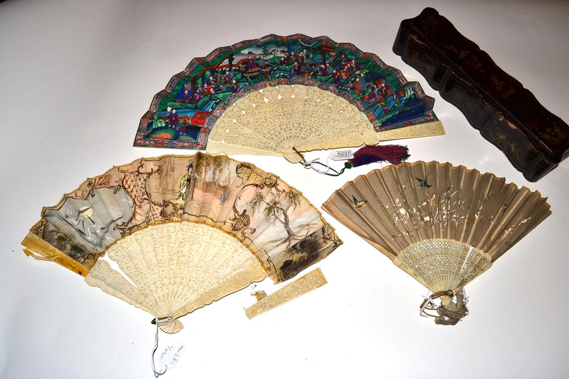 Lot 5237 - A Large 19th Century Chinese Mandarin Fan with carved ivory monture, and fitted box. The guards are