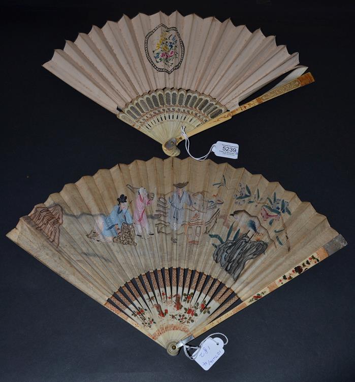 Lot 5239 - A Good Early to Mid-18th Century Chinese Painted Ivory Folding Fan, Qing Dynasty, the simple...
