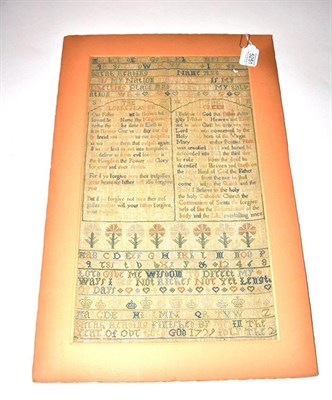 Lot 5251 - A Good 18th Century Testament Needlework Sampler, dated 1729, finely worked on linen with two...