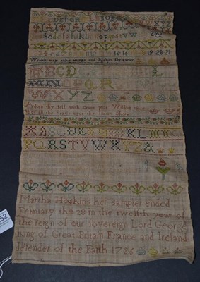 Lot 5252 - An Interesting English Silk Embroidered Band Sampler worked on fine linen and dated 1726, by...