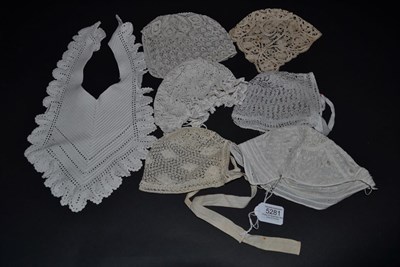 Lot 5281 - A Selection of Baby or Doll Bonnets and a Crochet Bib, the latter most probably 19th century...