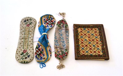 Lot 5289 - Four Mid-19th Century Beadwork Items, to include a brown leather trimmed letter case, the...