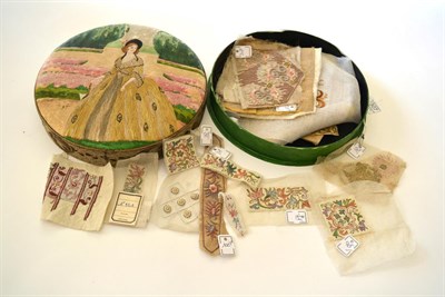 Lot 5307 - A Decorative Embroidered Box, French, the circular lid embroidered with a lady walking through...