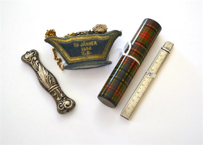 Lot 5314 - Four 19th Century Sewing Items, to include a silver metal ruler or gauge marked CGH with two...