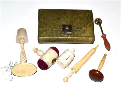 Lot 5320 - A Variety of Sewing Items to include a small green leather case with silver metal front...