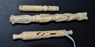 Lot 5321 - A Very Ornately Carved 19th Century Ivory Screw-Topped Case, the exterior carved with...