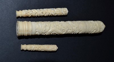 Lot 5322 - Three 19th Century Chinese Carved Ivory Needle Cases, the largest at 6.25 inches or 16cm,...