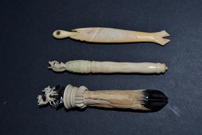 Lot 5337 - Animals: Three Needlework Items to include a screw-top bone needle case topped with a squirrel...