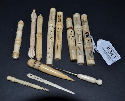 Lot 5341 - Twelve Various Bone and Ivory Items, nine being needle cases, plus one case doubling as a stiletto