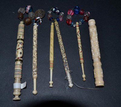 Lot 5346 - Five Interesting Bone and Ivory Lace Bobbins, to include a small and slender example with...