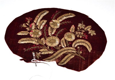 Lot 5366 - A Velvet Panel, 19th century, most likely salvaged from a damaged reticule, finely embroidered with