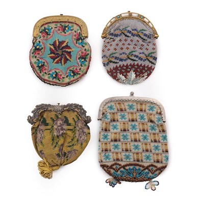 Lot 5370 - Four Good Small 19th Century Coin Purses with metal frames and differing designs, to include a pale