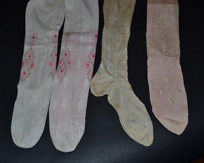 Lot 5380 - A Slightly Heavier Pair of 19th Country Cotton Stockings featuring wide drawn thread and pink...