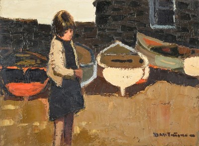 Lot 1051 - Donald McIntyre RCA (1923-2009) Scottish Girl before fishing boats Signed, oil on board, 29.5cm...