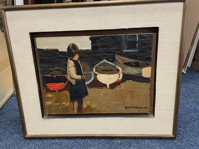 Lot 1051 - Donald McIntyre RCA (1923-2009) Scottish Girl before fishing boats Signed, oil on board, 29.5cm...
