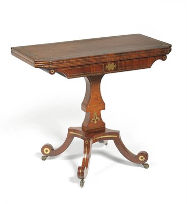 Lot 1322 - A Regency Rosewood and Brass Strung Foldover Card Table, 2nd quarter 19th century, the...