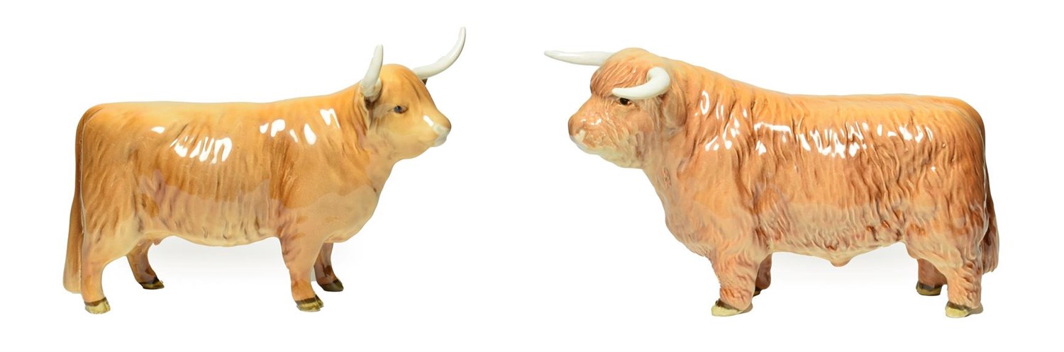 Lot 11 - Beswick Cattle Comprising: Highland Bull, model No. 2008 and Highland Cow, model No. 1740, both tan