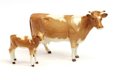 Lot 23 - Beswick Guernsey Cow, first version, model No. 1248A and Guernsey Calf, model No. 1249A, golden...