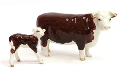 Lot 25 - Beswick Hereford Cow, model No. 1360 and Hereford Calf, model No. 1406B, brown and white gloss (2)