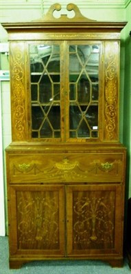 Lot 1346 - A Victorian Mahogany and Floral Marquetry Secretaire Bookcase, late 19th century, with swan...