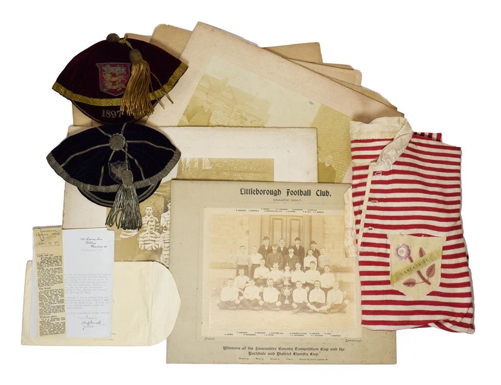 Lot 3009 - Charlie Beasley Victorian Rugby Union Items consisting of Lancashire Cap 1897-8 outfitter James...