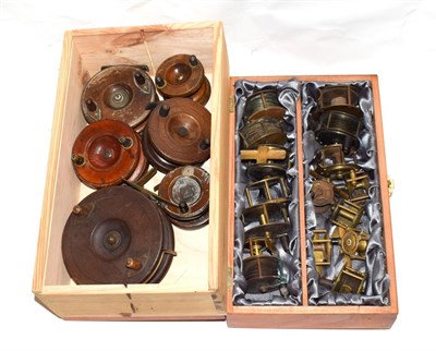 Lot 3019 - A Collection Of 16 Mainly Brass Plate And Crank Wind Reels along with 6 strap and starback wood...