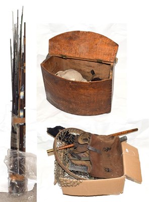 Lot 3034 - A Collection Of Vintage Tackle to include a Demi Lune wood creel,  landing net, fly wallets,...
