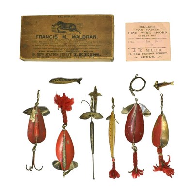 Lot 3039 - A Francis M Walbran Brown Trade Card Box containing a selection of various lures and Colorado...