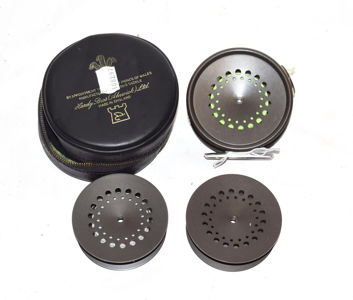 Lot 3070 - A Hardy Prefect 3 5/8'' RHW Trout Fly Reel with ceramic line guard and 2 additional spools (3)
