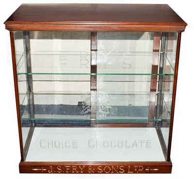 Lot 3142 - Frys Choice Chocolate Glass Display Cabinet with two glass shelves, 'J S Fry & Sons Ltd' carved...