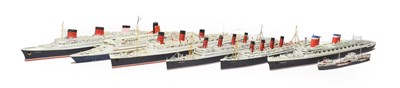 Lot 3149 - Finely Detail 1:1250 Scale Model Ships Normandie, Queen Elizabeth II, Queen Mary, Aquitania,...